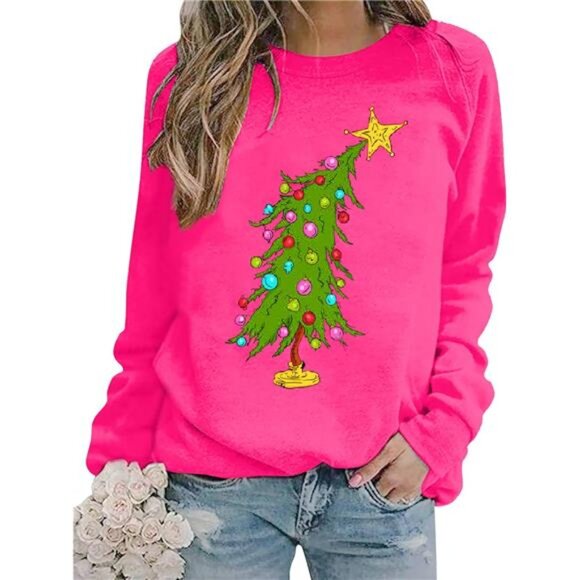 Women’s Christmas Sweatshirt - Cute Tree Graphic Long Sleeve Shirt - Picture 1 of 7